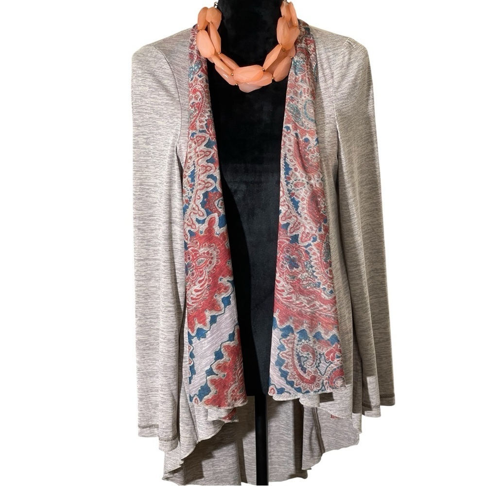 ONE WORLD BEIGE LIGHTWEIGHT CARDIGAN WITH FLORAL PRINT TRIM SZ LG EUC